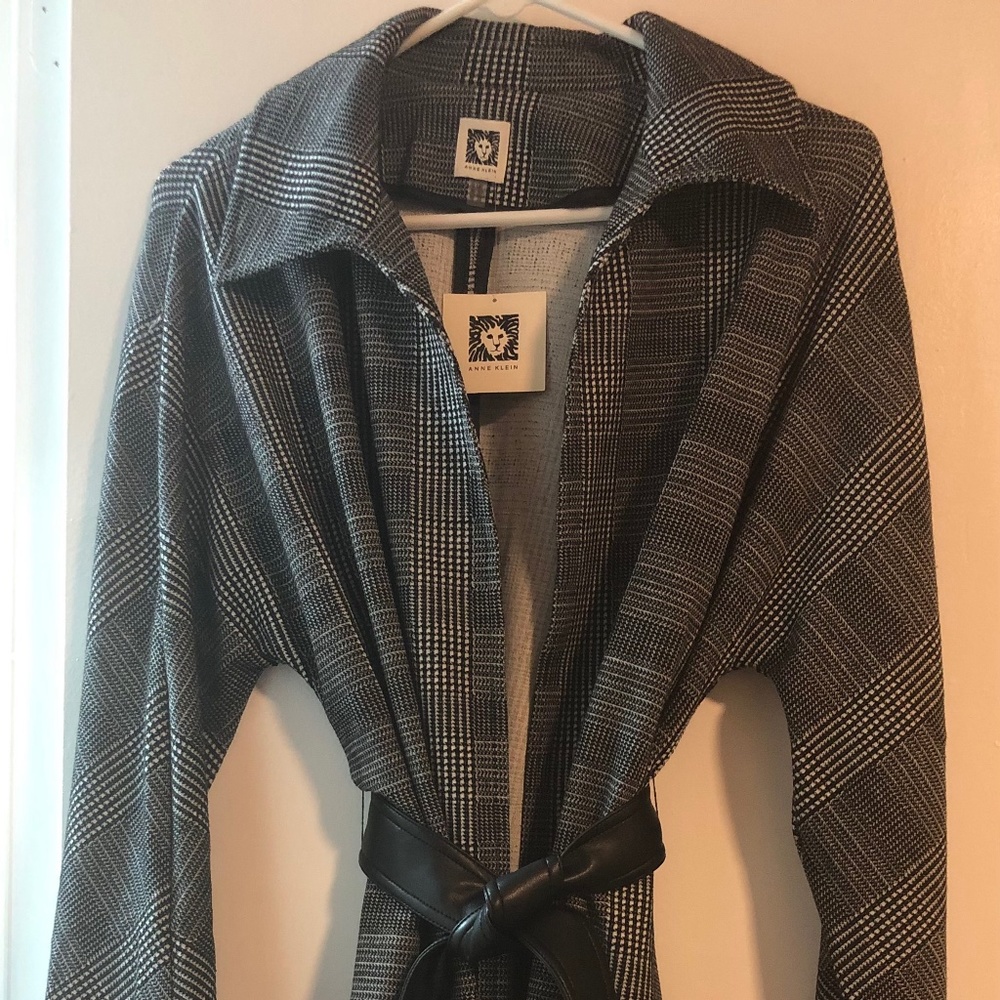 Black and white plaid coat with leather wrap